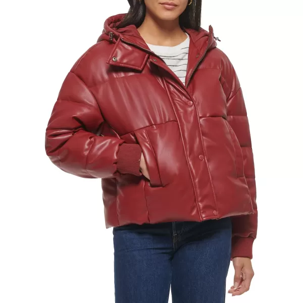 Levis Womens Cinch Waist Puffer JacketRhubarb Faux Leather With Hood