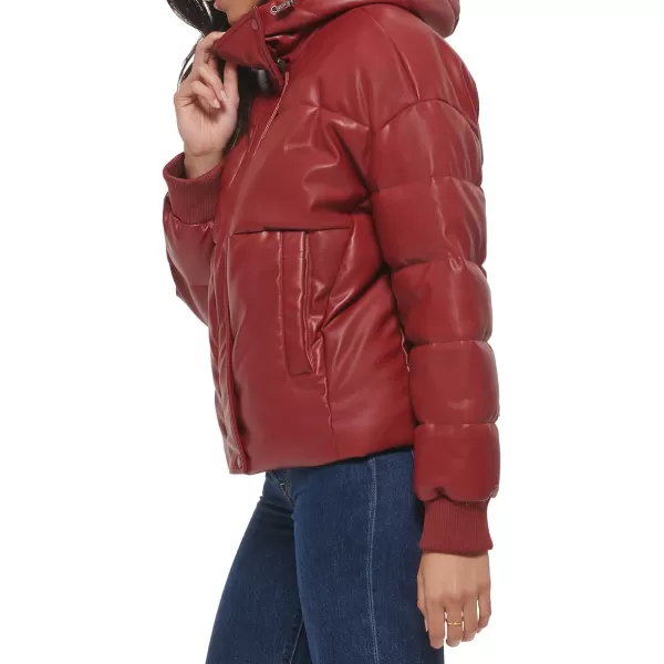 Levis Womens Cinch Waist Puffer JacketRhubarb Faux Leather With Hood