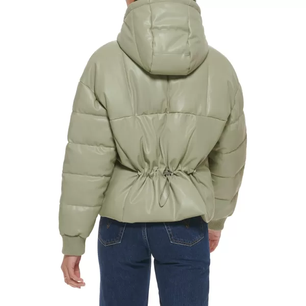 Levis Womens Cinch Waist Puffer JacketSea Green Faux Leather With Hood