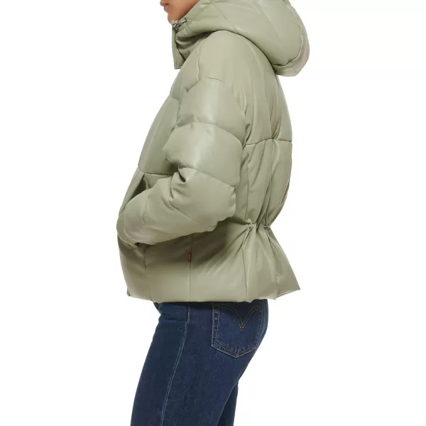 Levis Womens Cinch Waist Puffer JacketSea Green Faux Leather With Hood