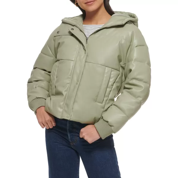 Levis Womens Cinch Waist Puffer JacketSea Green Faux Leather With Hood