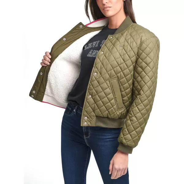 Levis Womens Diamond Quilted Bomber Jacket Regular amp Plus SizeArmy Green Sherpa Lined