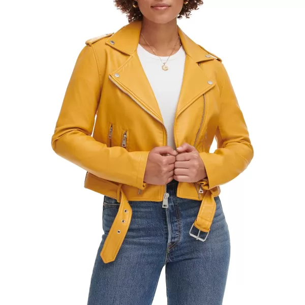 Levis Womens Faux Leather Belted Motorcycle Jacket Standard amp Plus SizesGold Yellow Fawn