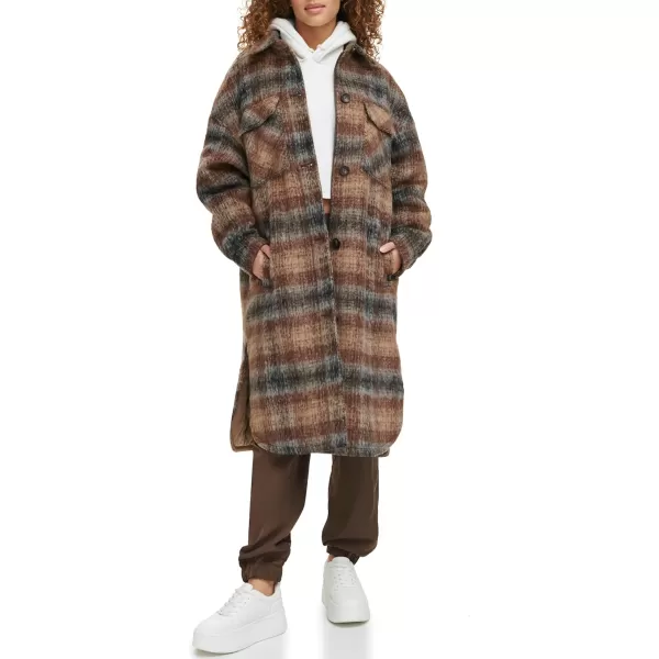 Levis Womens Long Plaid Shirt JacketBrown Plaid