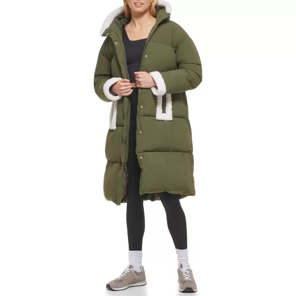 Levis Womens Long Quilted Parka with Sherpa TrimsArmy Green