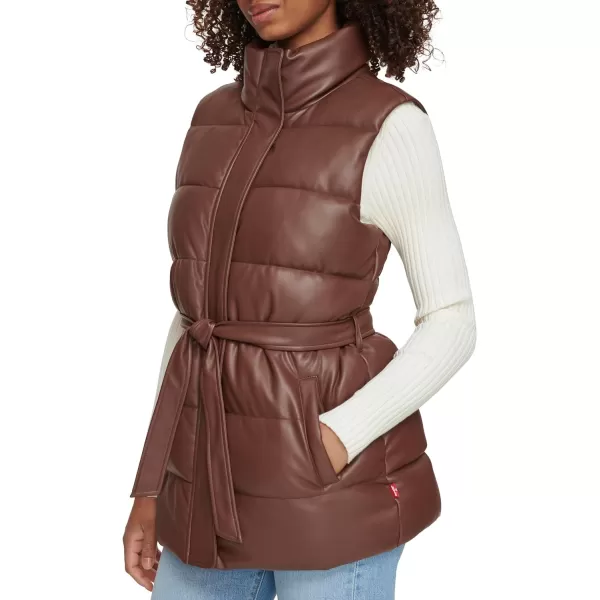 Levis Womens Plus Size Vegan Leather Puffer VestChocolate Brown With Belt