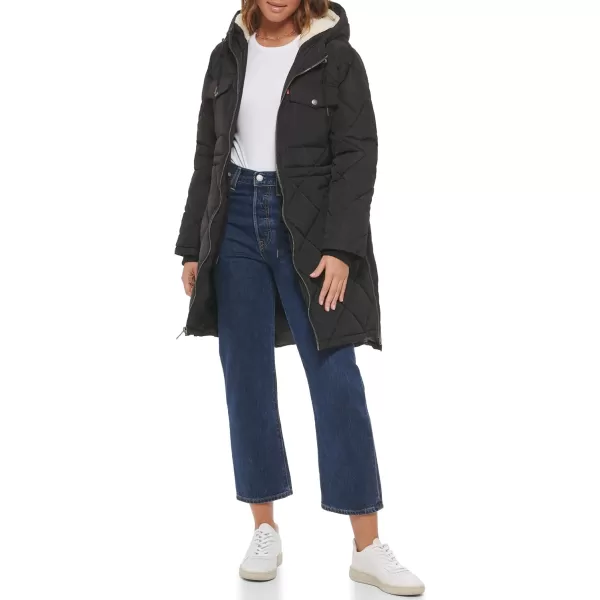 Levis Womens Soft Sherpa Lined Diamond Quilted Long Parka Jacket Standard amp Plus SizesBlack