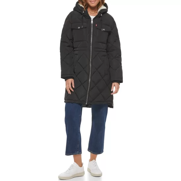 Levis Womens Soft Sherpa Lined Diamond Quilted Long Parka Jacket Standard amp Plus SizesBlack