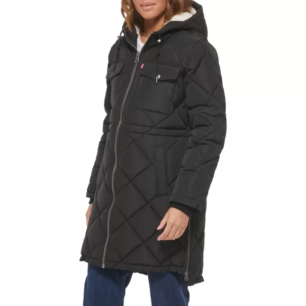 Levis Womens Soft Sherpa Lined Diamond Quilted Long Parka Jacket Standard amp Plus SizesBlack