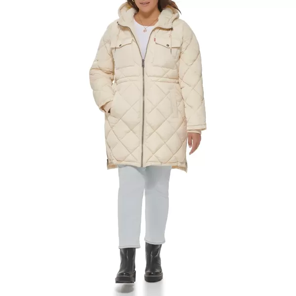 Levis Womens Soft Sherpa Lined Diamond Quilted Long Parka Jacket Standard amp Plus SizesIvory