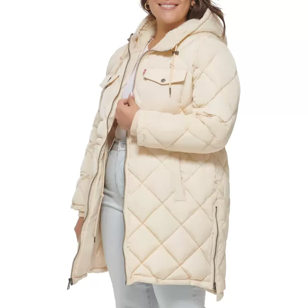 Levis Womens Soft Sherpa Lined Diamond Quilted Long Parka Jacket Standard amp Plus SizesIvory