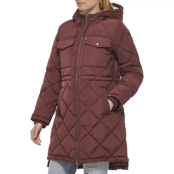 Levis Womens Soft Sherpa Lined Diamond Quilted Long Parka Jacket Standard amp Plus SizesMerlot