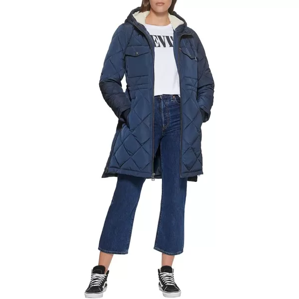 Levis Womens Soft Sherpa Lined Diamond Quilted Long Parka Jacket Standard amp Plus SizesNavy