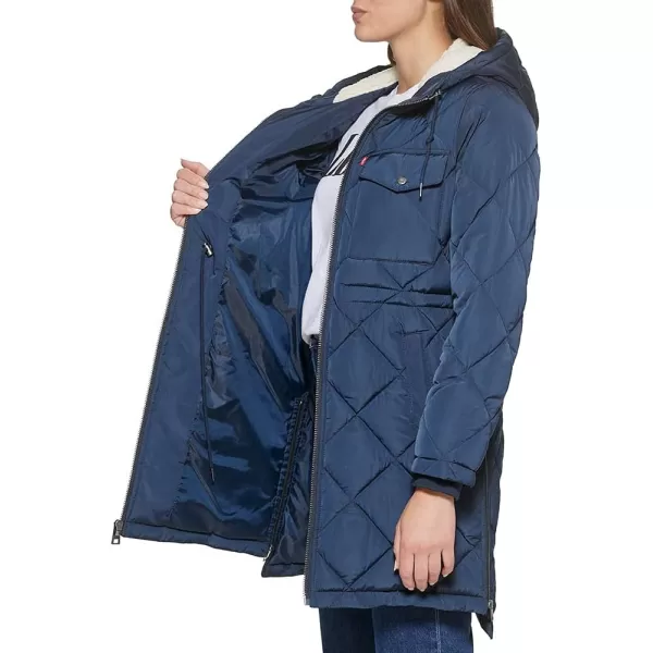 Levis Womens Soft Sherpa Lined Diamond Quilted Long Parka Jacket Standard amp Plus SizesNavy