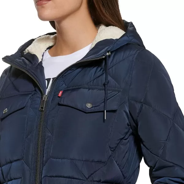 Levis Womens Soft Sherpa Lined Diamond Quilted Long Parka Jacket Standard amp Plus SizesNavy