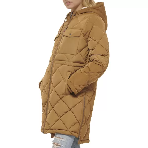 Levis Womens Soft Sherpa Lined Diamond Quilted Long Parka Jacket Standard amp Plus SizesTan