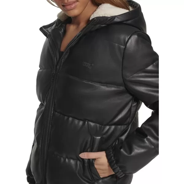 Levis Womens Vegan Leather Quilted Hooded PufferBlack