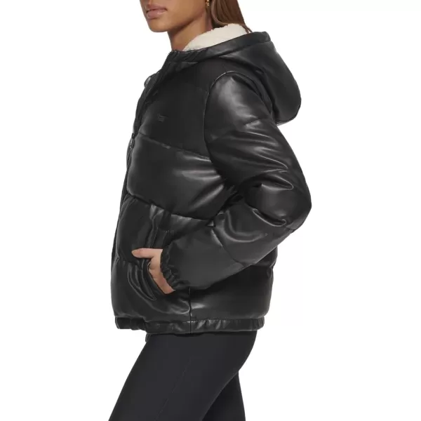 Levis Womens Vegan Leather Quilted Hooded PufferBlack