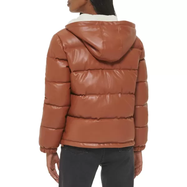 Levis Womens Vegan Leather Quilted Hooded PufferCamel