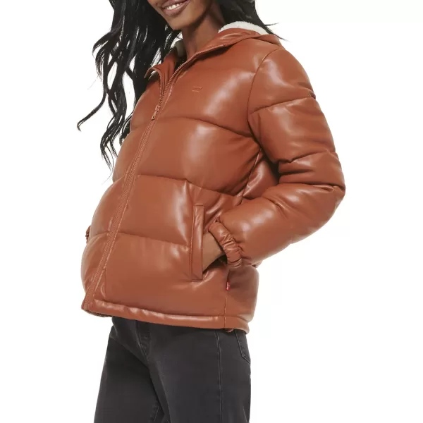 Levis Womens Vegan Leather Quilted Hooded PufferCamel