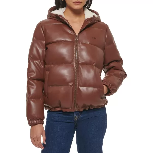 Levis Womens Vegan Leather Quilted Hooded PufferChocolate Brown