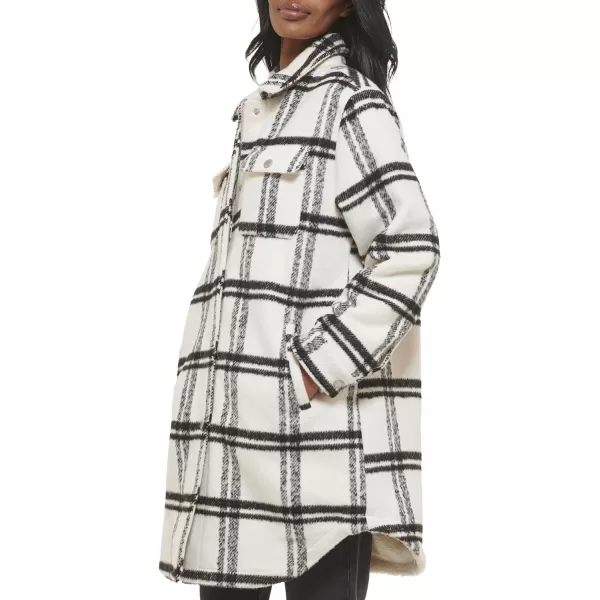 Levis Womens Wool Blend Sherpa Lined Long ShacketBlackWhite Window Plaid