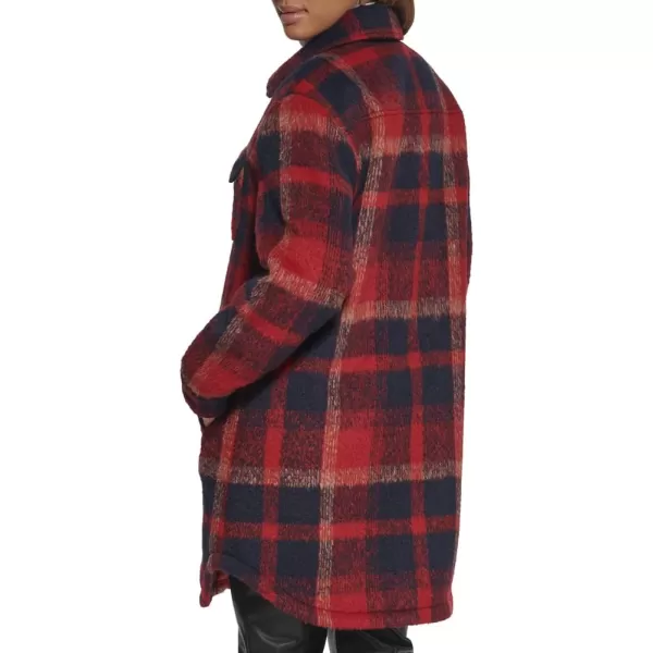 Levis Womens Wool Blend Sherpa Lined Long ShacketNavyRed Plaid