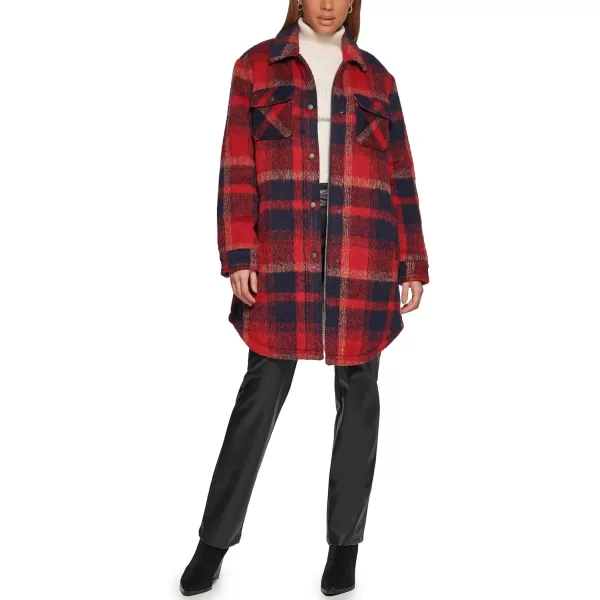 Levis Womens Wool Blend Sherpa Lined Long ShacketNavyRed Plaid