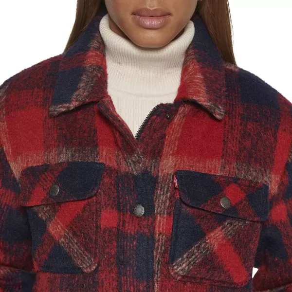 Levis Womens Wool Blend Sherpa Lined Long ShacketNavyRed Plaid