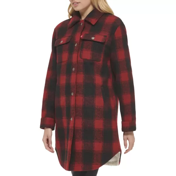 Levis Womens Wool Blend Sherpa Lined Long ShacketRedBlack Plaid