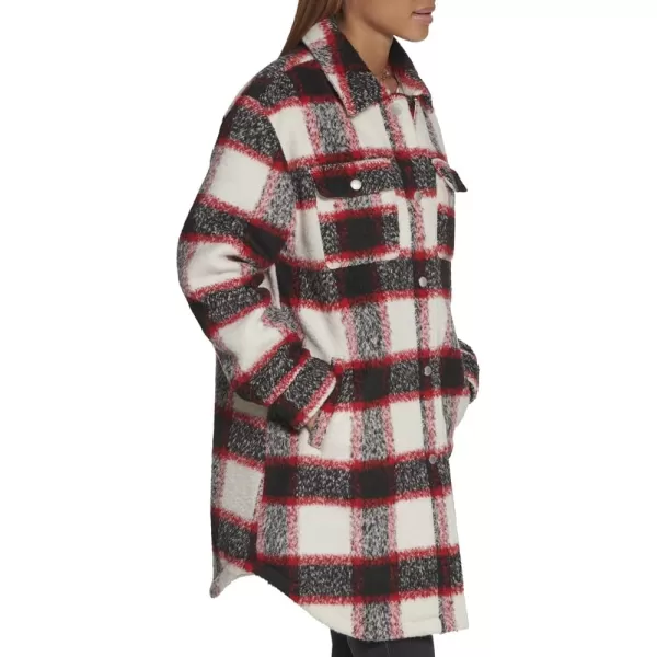 Levis Womens Wool Blend Sherpa Lined Long ShacketRedWhiteBlack Plaid