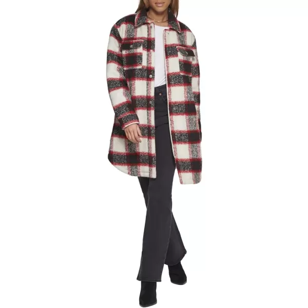 Levis Womens Wool Blend Sherpa Lined Long ShacketRedWhiteBlack Plaid