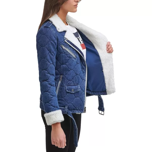 Levis womens Acid Washed Belted Sherpa Moto Jacket Standard amp Plus SizesDenim Onion Quilt