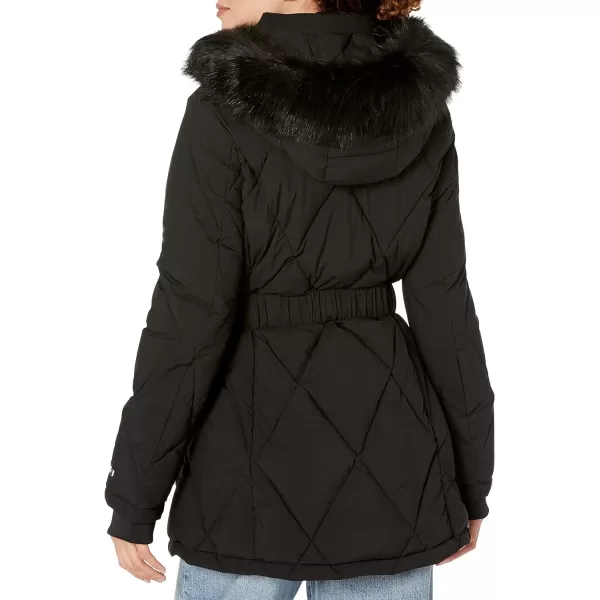 TOMMY HILFIGER Women Fur Hood Long Puffer Zip Up Belt at Waist JacketBlack