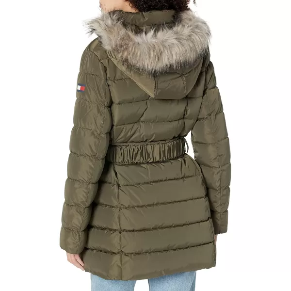 TOMMY HILFIGER Women Fur Long Puffer Hooded Belt at Waist JacketJuniper