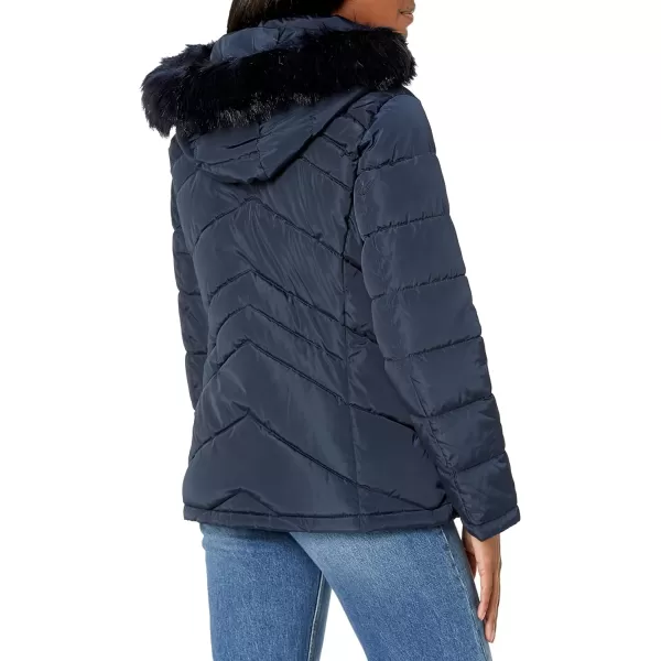 TOMMY HILFIGER Womens Contrast Zipper Fur Hood Short Puffer JacketNavy