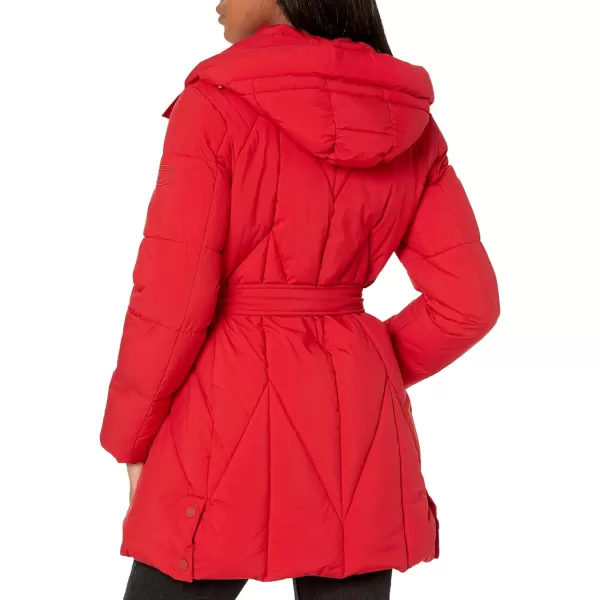 TOMMY HILFIGER Womens Solid Long Puffer Hooded Self Tie Belt JacketCrimson