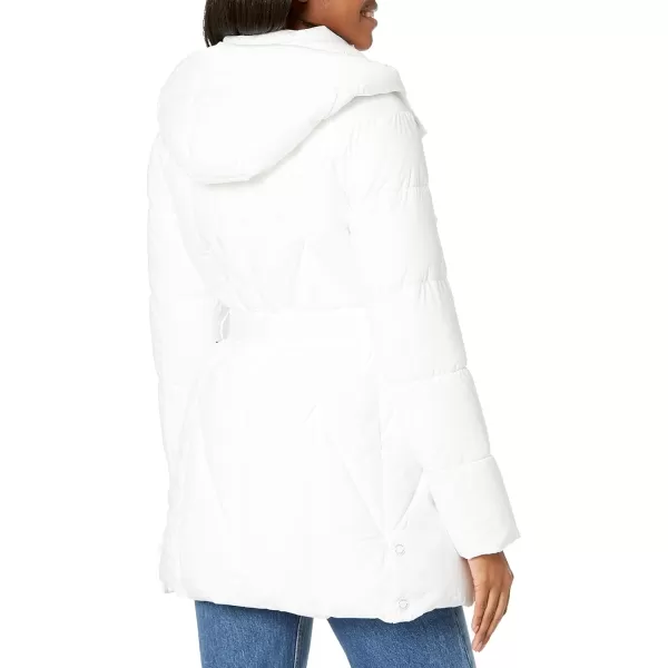 TOMMY HILFIGER Womens Solid Long Puffer Hooded Self Tie Belt JacketWhite