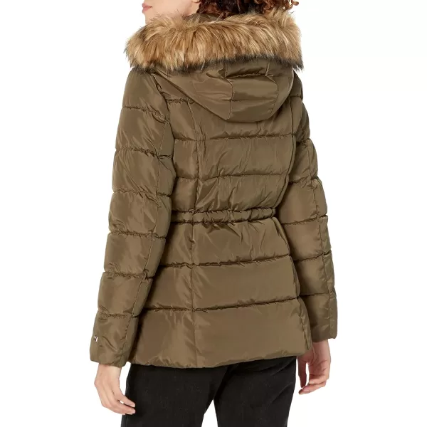 TOMMY HILFIGER Womens Tie Waist Fur Hood Zip Up Puffer JacketJuniper