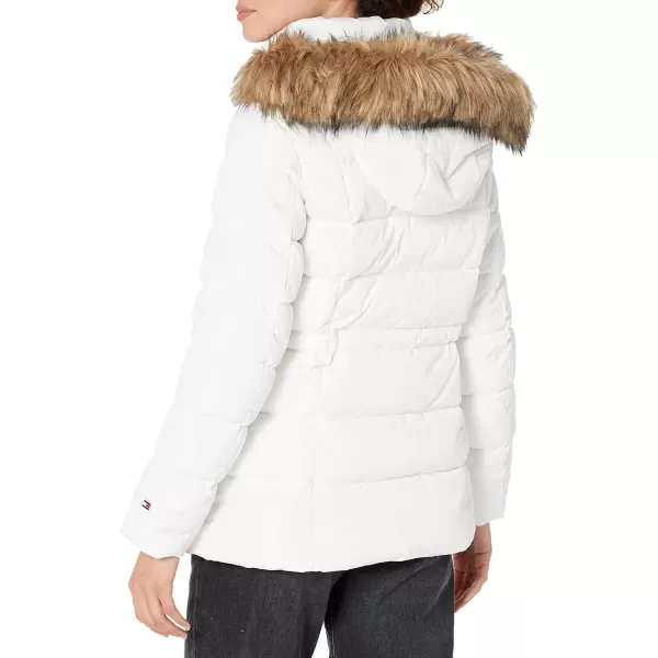 TOMMY HILFIGER Womens Tie Waist Fur Hood Zip Up Puffer JacketWhite