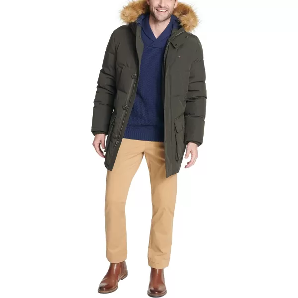 Tommy Hilfiger Mens Arctic Cloth Heavyweight Performance Parka Down Alternative Fur Lined Hood Outerwear CoatDark Forest