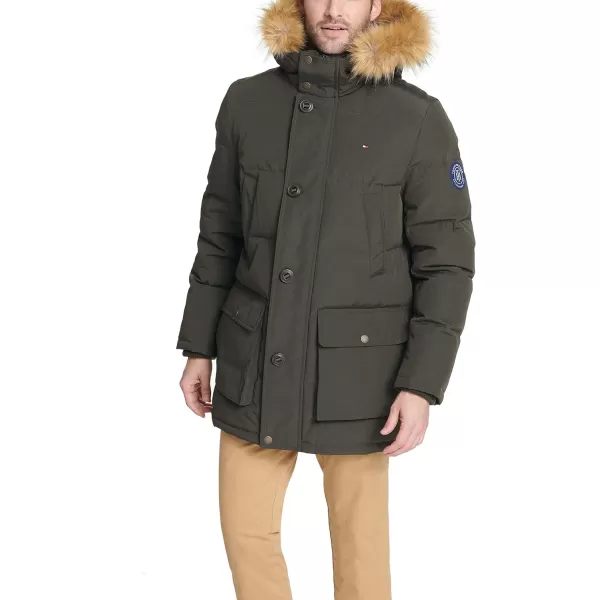 Tommy Hilfiger Mens Arctic Cloth Heavyweight Performance Parka Down Alternative Fur Lined Hood Outerwear CoatDark Forest