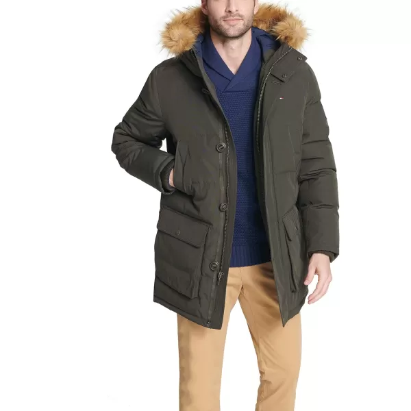 Tommy Hilfiger Mens Arctic Cloth Heavyweight Performance Parka Down Alternative Fur Lined Hood Outerwear CoatDark Forest