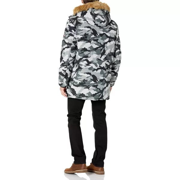 Tommy Hilfiger Mens Arctic Cloth Heavyweight Performance Parka Down Alternative Fur Lined Hood Outerwear CoatGrey Camouflage