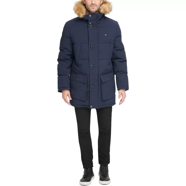 Tommy Hilfiger Mens Arctic Cloth Heavyweight Performance Parka Down Alternative Fur Lined Hood Outerwear CoatNavy