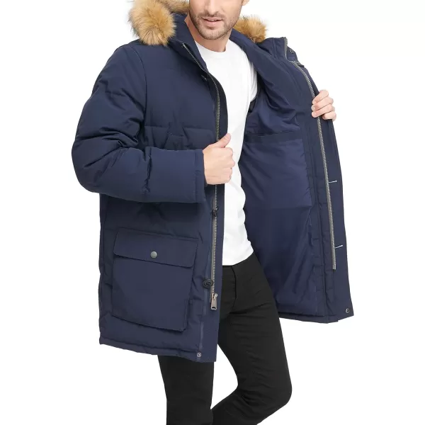 Tommy Hilfiger Mens Arctic Cloth Heavyweight Performance Parka Down Alternative Fur Lined Hood Outerwear CoatNavy