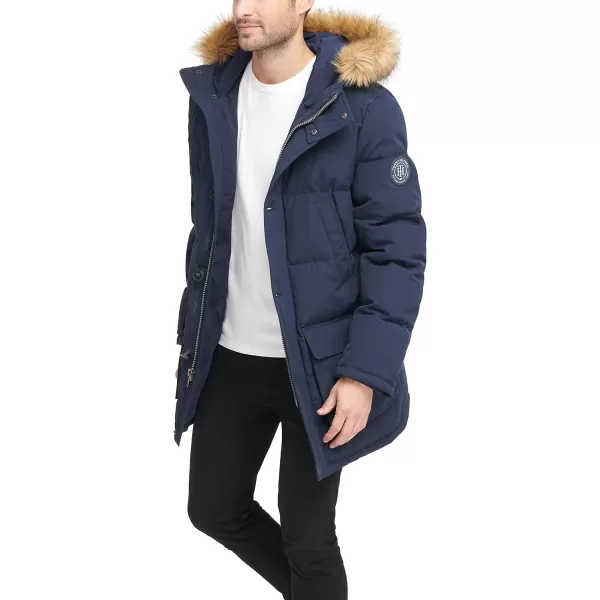 Tommy Hilfiger Mens Arctic Cloth Heavyweight Performance Parka Down Alternative Fur Lined Hood Outerwear CoatNavy