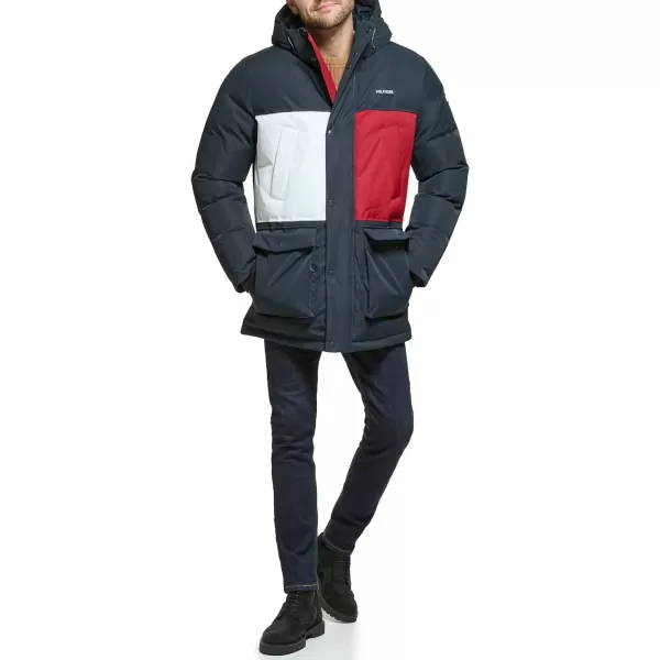 Tommy Hilfiger Mens Arctic Cloth Heavyweight Performance Parka Down Alternative Fur Lined Hood Outerwear CoatNavy Flag Colorblock