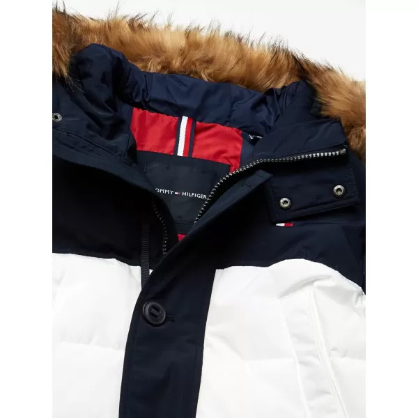 Tommy Hilfiger Mens Arctic Cloth Heavyweight Performance Parka Down Alternative Fur Lined Hood Outerwear CoatNavyWhiteRed