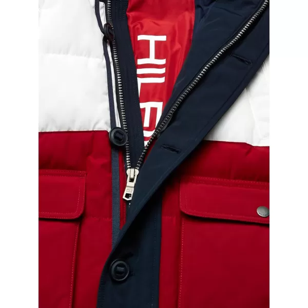 Tommy Hilfiger Mens Arctic Cloth Heavyweight Performance Parka Down Alternative Fur Lined Hood Outerwear CoatNavyWhiteRed